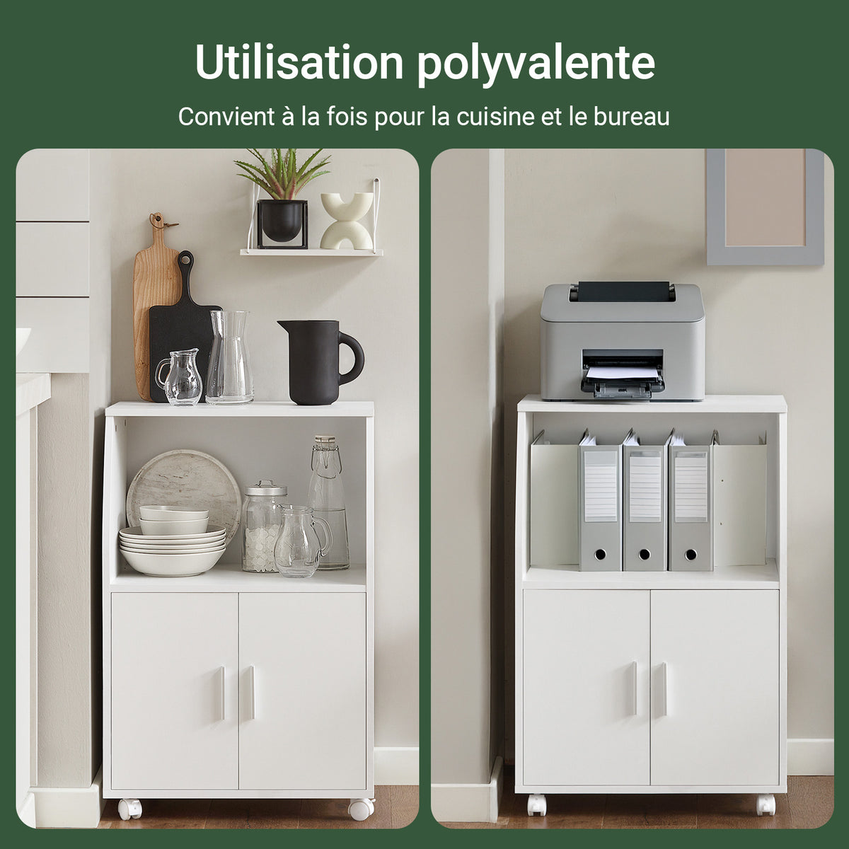 SoBuy FRG241-W Dulap de bucătărie pe roți – Cărucior de servire bucătărie cu uși și raft reglabil – Dulap de depozitare compact pentru cuptorul cu microunde, birou sau sufragerie, 55x38x84 cm, Alb