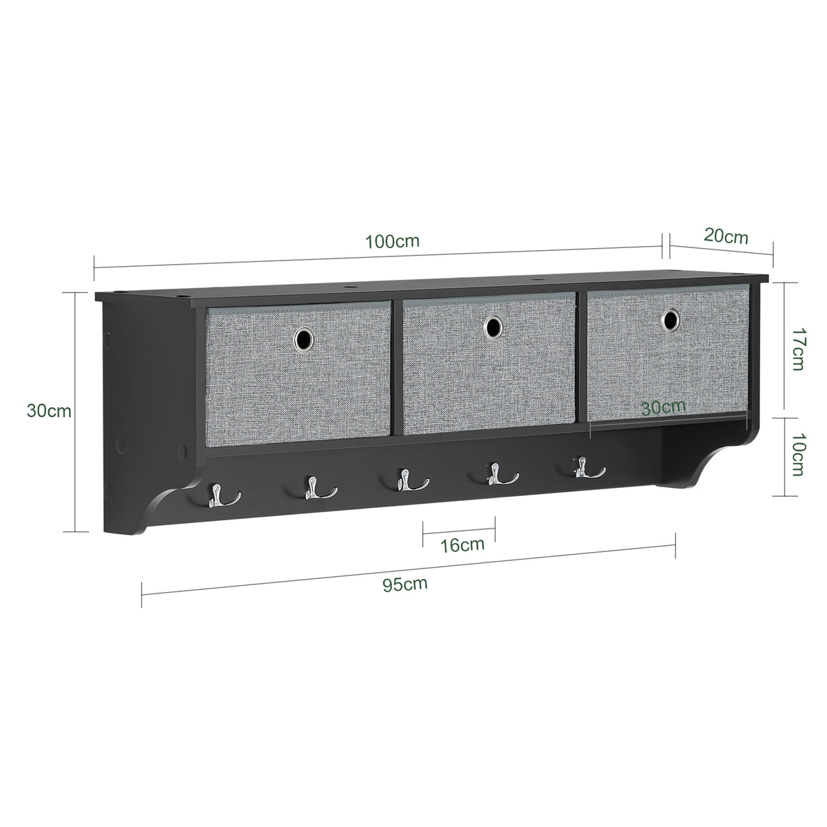 SoBuy FRG282-SCH Cuier de Perete cu 5 Cârlige și 3 Coșuri - Cuier de Perete din Lemn, Mobilier de Hol cu Poliță - Cuier Suspendat pentru Dormitor, Living, Baie - Negru 100x20x30cm