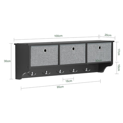 SoBuy FRG282-SCH Cuier de Perete cu 5 Cârlige și 3 Coșuri - Cuier de Perete din Lemn, Mobilier de Hol cu Poliță - Cuier Suspendat pentru Dormitor, Living, Baie - Negru 100x20x30cm