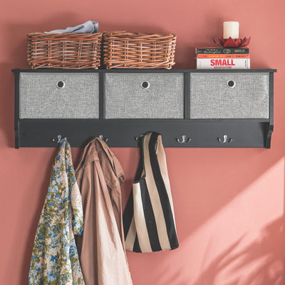 SoBuy FRG282-SCH Cuier de Perete cu 5 Cârlige și 3 Coșuri - Cuier de Perete din Lemn, Mobilier de Hol cu Poliță - Cuier Suspendat pentru Dormitor, Living, Baie - Negru 100x20x30cm