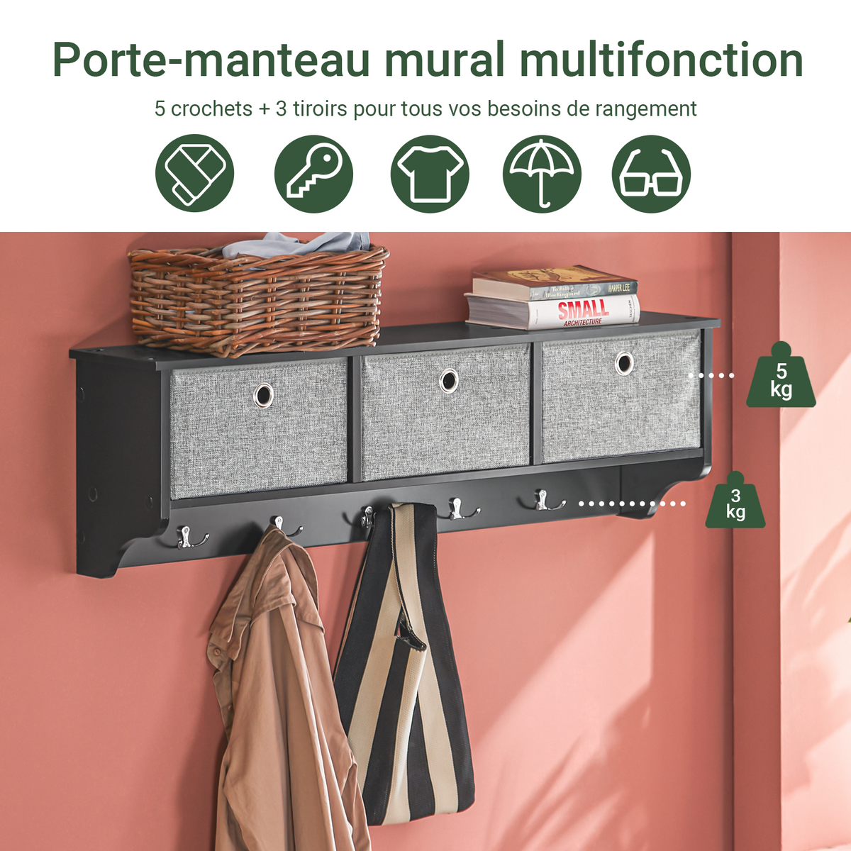 SoBuy FRG282-SCH Cuier de Perete cu 5 Cârlige și 3 Coșuri - Cuier de Perete din Lemn, Mobilier de Hol cu Poliță - Cuier Suspendat pentru Dormitor, Living, Baie - Negru 100x20x30cm