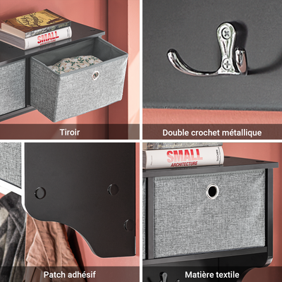 SoBuy FRG282-SCH Cuier de Perete cu 5 Cârlige și 3 Coșuri - Cuier de Perete din Lemn, Mobilier de Hol cu Poliță - Cuier Suspendat pentru Dormitor, Living, Baie - Negru 100x20x30cm