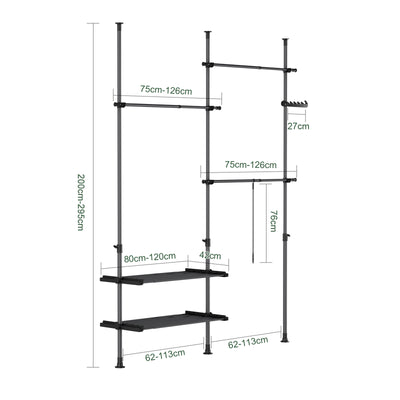 SoBuy FRG34-II-SCH Suport de haine telescopic robust – Dressing deschis reglabil cu bare și rafturi, Cuier pentru dormitor sau dressing, Negru