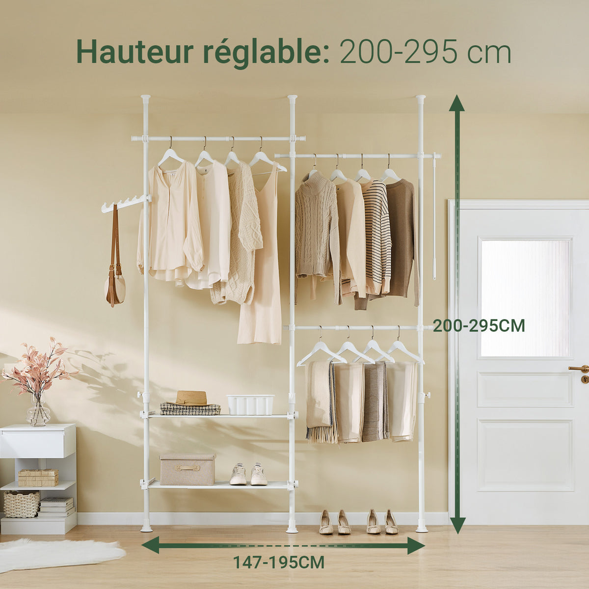 SoBuy FRG34-II-W Suport telescopic robust pentru haine – Dressing deschis, reglabil, cu șine și rafturi, Cuier pentru dormitor sau dressing, Alb