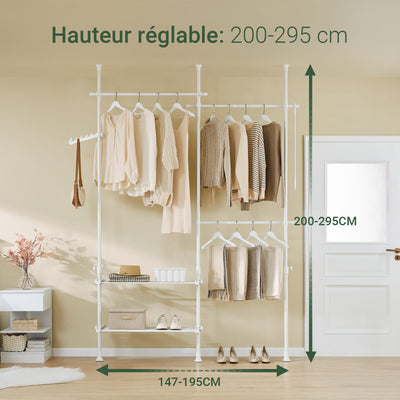 SoBuy FRG34-II-W Suport telescopic robust pentru haine – Dressing deschis, reglabil, cu șine și rafturi, Cuier pentru dormitor sau dressing, Alb