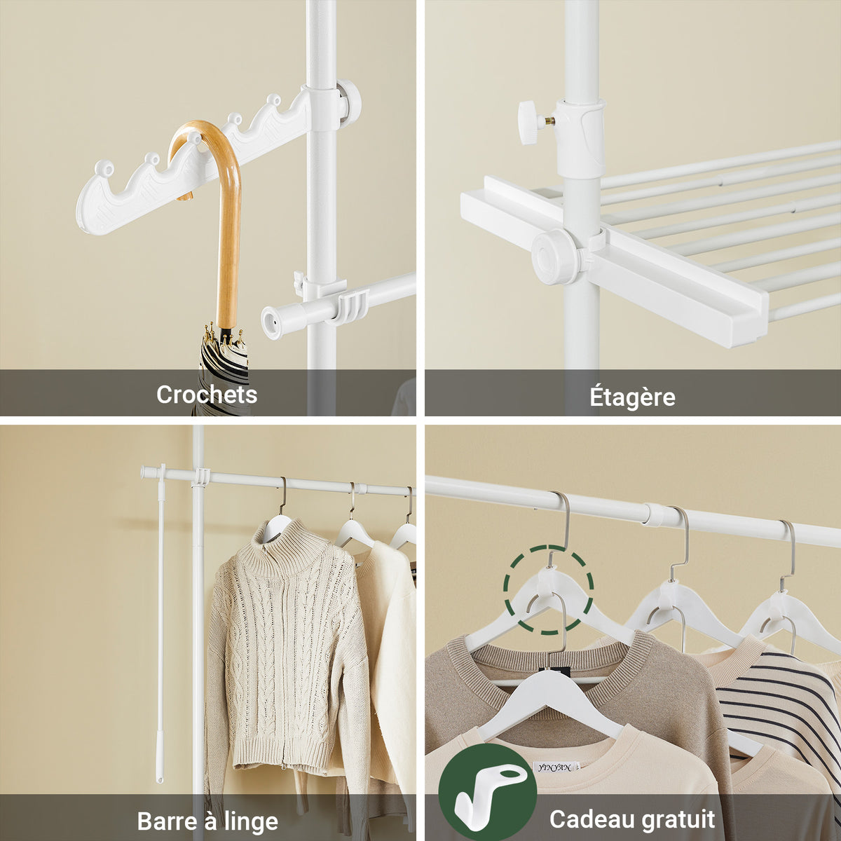 SoBuy FRG34-II-W Suport telescopic robust pentru haine – Dressing deschis, reglabil, cu șine și rafturi, Cuier pentru dormitor sau dressing, Alb