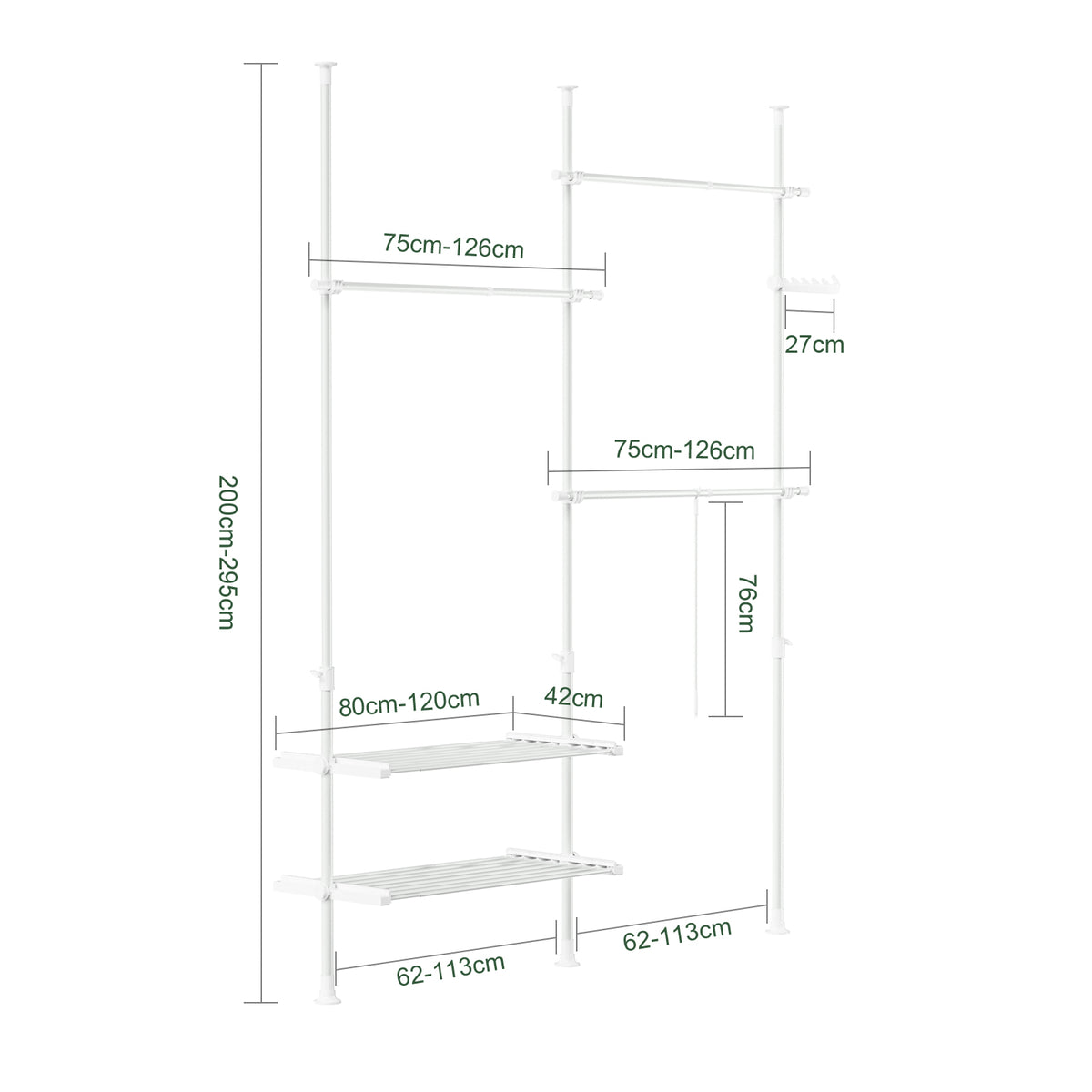 SoBuy FRG34-II-W Suport telescopic robust pentru haine – Dressing deschis, reglabil, cu șine și rafturi, Cuier pentru dormitor sau dressing, Alb