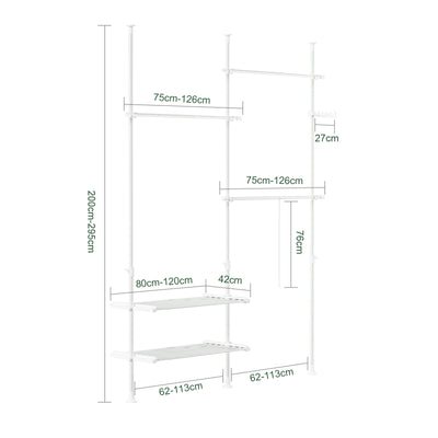 SoBuy FRG34-II-W Suport telescopic robust pentru haine – Dressing deschis, reglabil, cu șine și rafturi, Cuier pentru dormitor sau dressing, Alb