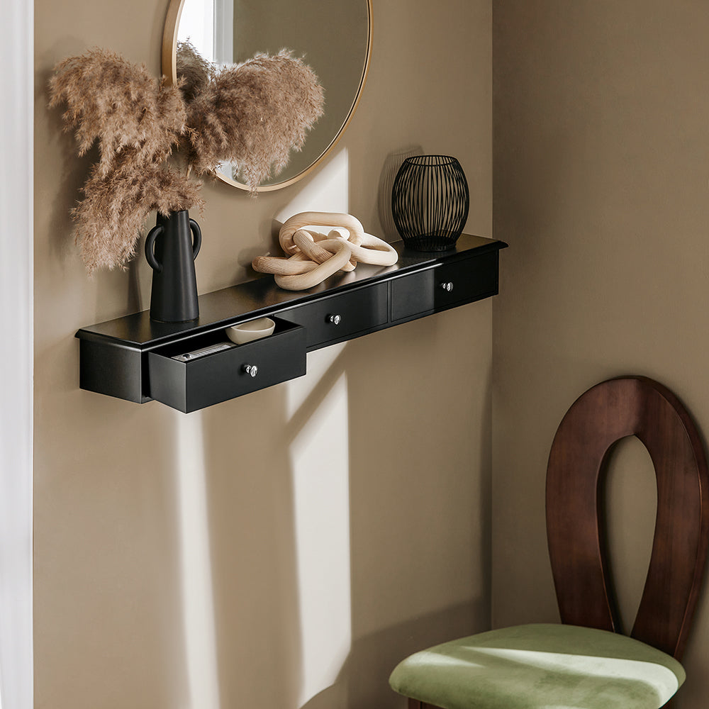 SoBuy FRG43-L-SCH Poliță de Perete cu 3 Sertare - Poliță Plutitoare Modernă pentru Hol, Living, Bucătărie & Dormitor - Negru 94x15x10cm