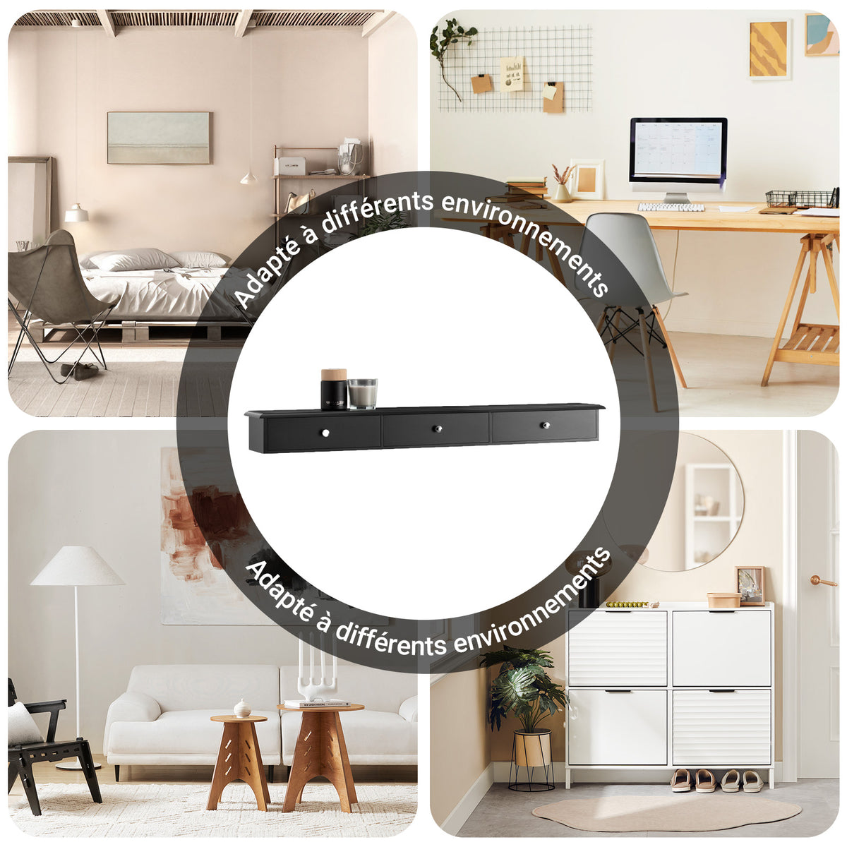 SoBuy FRG43-L-SCH Poliță de Perete cu 3 Sertare - Poliță Plutitoare Modernă pentru Hol, Living, Bucătărie & Dormitor - Negru 94x15x10cm