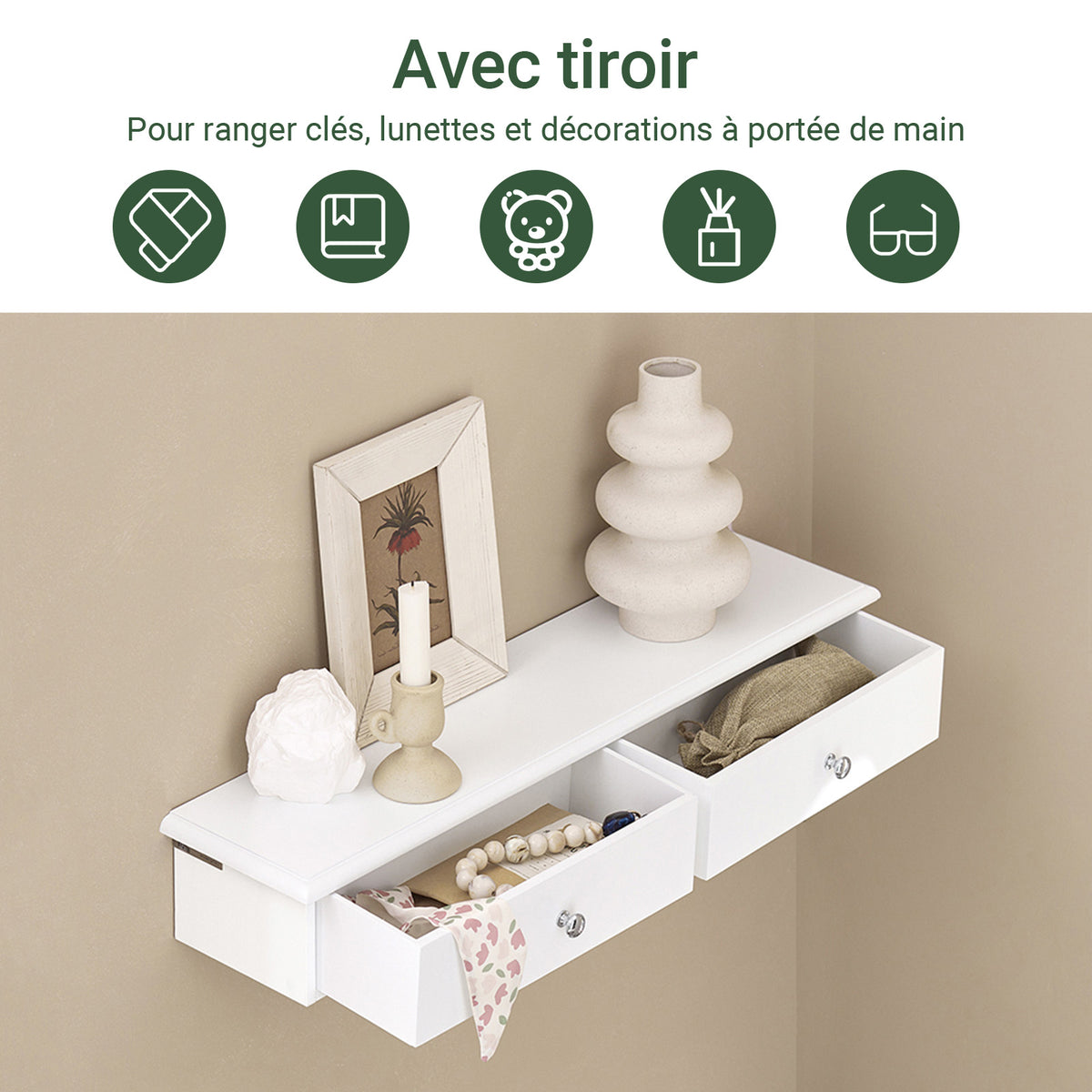 SoBuy FRG43-W Etagere Murale avec 2 Tiroirs - Étagère Flottante Moderne pour Entrée, Salon, Cuisine & Chambre - Blanc 64x15x10cm