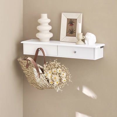 SoBuy FRG43-W Etagere Murale avec 2 Tiroirs - Étagère Flottante Moderne pour Entrée, Salon, Cuisine & Chambre - Blanc 64x15x10cm