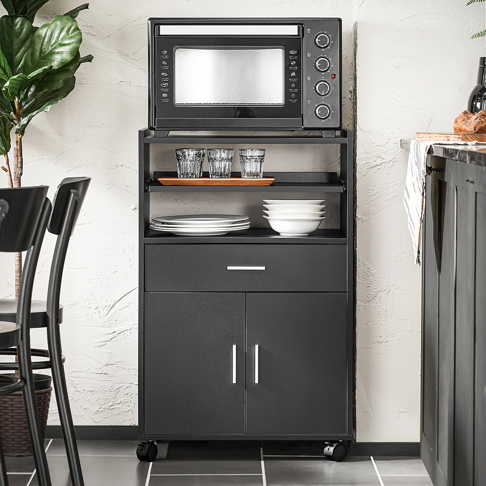 SoBuy FSB09-SCH Cărucior de bucătărie pe roți, cu blat extensibil, Dulap de depozitare pentru cuptorul cu microunde, Dulap de bucătărie negru 92×59×40 cm, Ideal pentru birou sau sufragerie