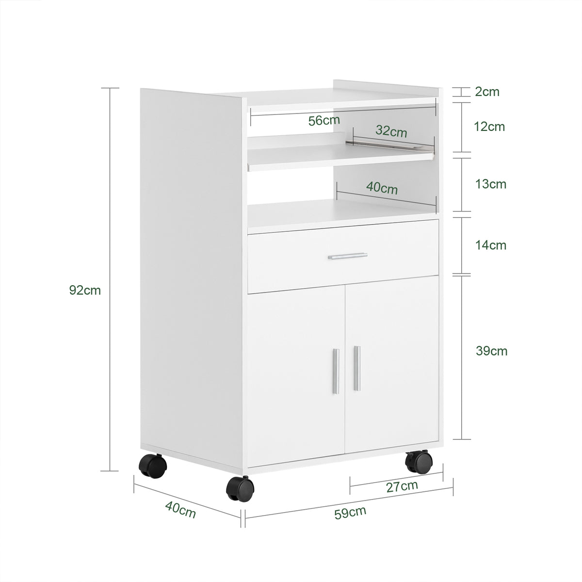 SoBuy FSB09-W Chariot de Cuisine sur Roulettes avec Plan de Travail Extensible – Meuble Micro-Ondes, 2 Étagères, Tiroir, Blanc, 40×59×92 cm