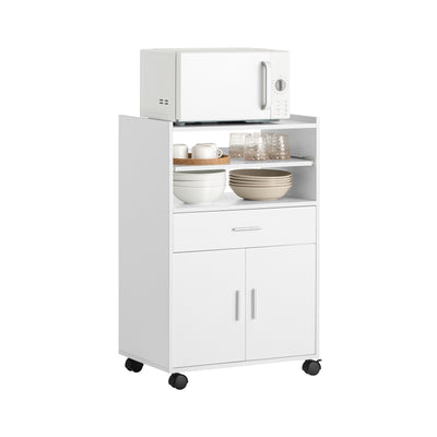 SoBuy FSB09-W Chariot de Cuisine sur Roulettes avec Plan de Travail Extensible – Meuble Micro-Ondes, 2 Étagères, Tiroir, Blan