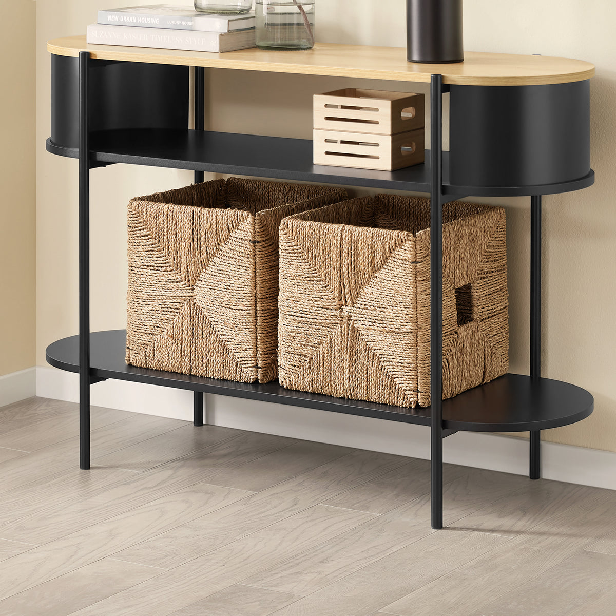 SoBuy FSB102-SCH Consolă de Intrare, Consolă cu Spațiu de Depozitare, Mobilier de Hol Multifuncțional cu Design Industrial Modern pentru Intrare, Living sau Birou, Mobilier din Lemn și Negru, L110cm x P39cm x H76cm