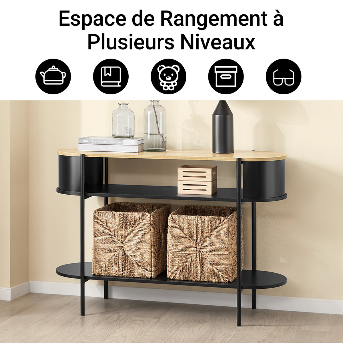 SoBuy FSB102-SCH Consolă de Intrare, Consolă cu Spațiu de Depozitare, Mobilier de Hol Multifuncțional cu Design Industrial Modern pentru Intrare, Living sau Birou, Mobilier din Lemn și Negru, L110cm x P39cm x H76cm