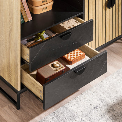 SoBuy FSB103-N Buffet Cuisine avec Niche Micro-Ondes et Étagère Réglable – L107 × P40 × H85 cm, Chêne / Noir