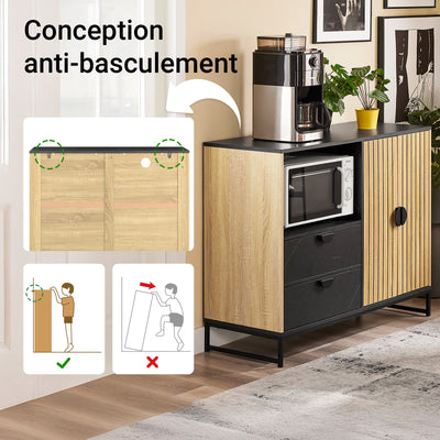 SoBuy FSB103-N Buffet Cuisine avec Niche Micro-Ondes et Étagère Réglable – L107 × P40 × H85 cm, Chêne / Noir