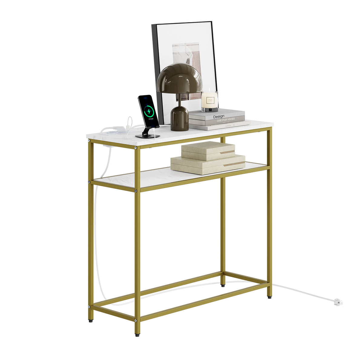 SoBuy FSB106-E-G Console d'Entrée et de Salon 80×30×75 cm avec Prises Intégrées – USB, USB-C, 2 Prises, Plateau Marbre Blanc,