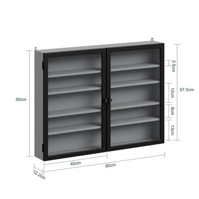 SoBuy FSB113-DG Vitrine Murale Suspendue avec Portes en Verre – Étagère Murale 5 Compartiments pour Collection, Finition Mélaminée Gris – 80×12,2×60 cm, Charge 10 kg