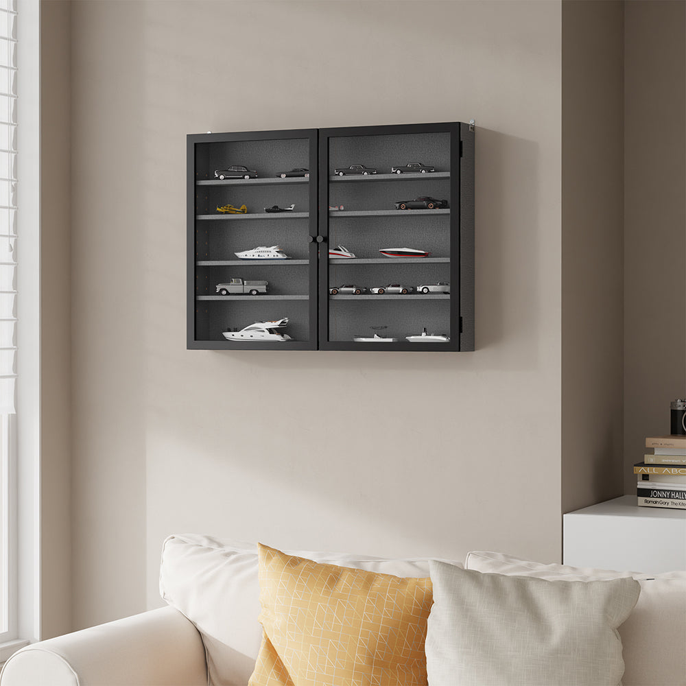SoBuy FSB113-DG Vitrine Murale Suspendue avec Portes en Verre – Étagère Murale 5 Compartiments pour Collection, Finition Mélaminée Gris – 80×12,2×60 cm, Charge 10 kg
