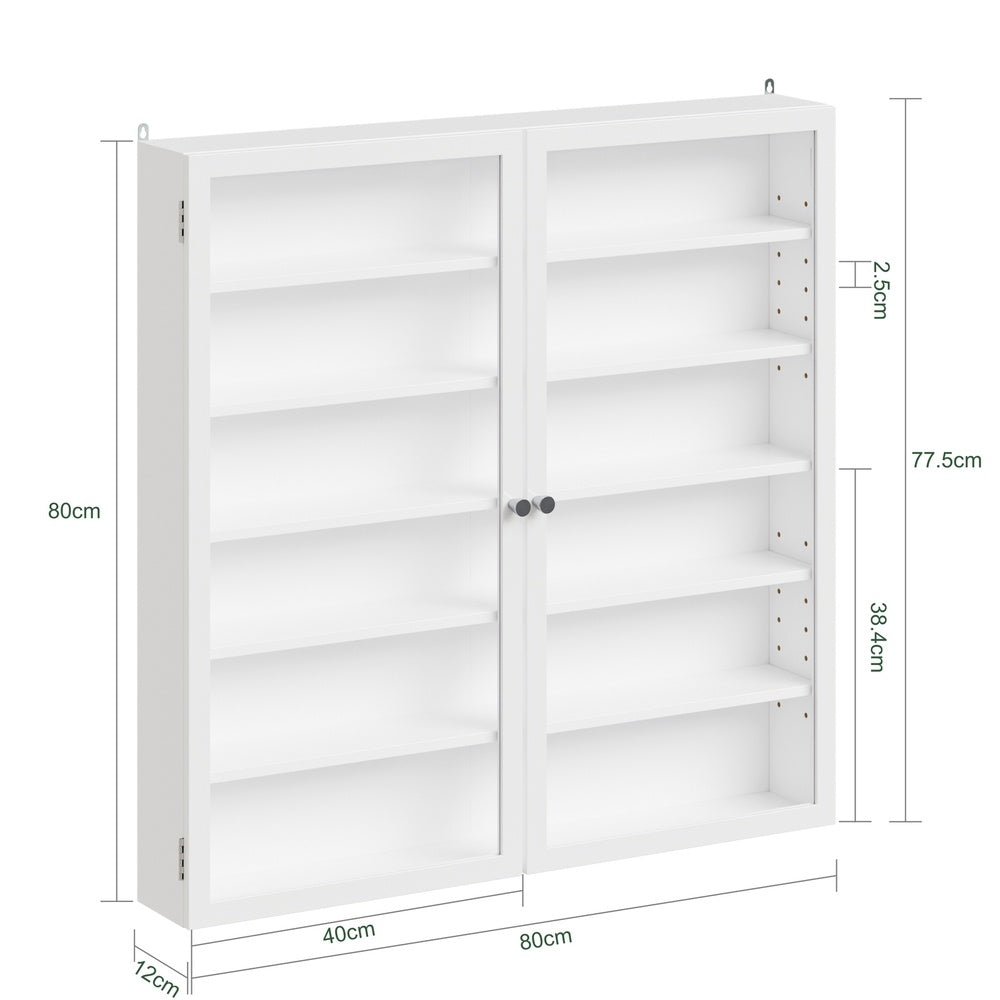 SoBuy FSB113-H-W Armoire Murale 2 Portes avec Porte Vitrée – Meuble Rangement Mural 5 Étagères Réglables, Étagère Suspendue Fine pour Salle de Bain, WC et Chambre – 80×12×80 cm, Charge 12 kg