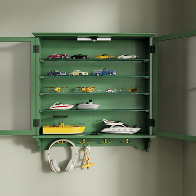 SoBuy FSB114-E-SY Armoire Murale Suspendue Peu Profonde avec Étagères en Verre – Vitrine Murale 2 Portes avec Crochets, Meuble de Rangement Mural en MDF – 68×13,5×68,5 cm, Charge 18 kg