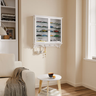 SoBuy FSB114-E-W Armoire Murale Suspendue Blanche 2 Portes Vitrées – Meuble de Rangement Peu Profond avec Éclairage LED pour Salle de Bain, Cuisine et Salon – 68×13,5×68,5 cm, Charge 18 kg