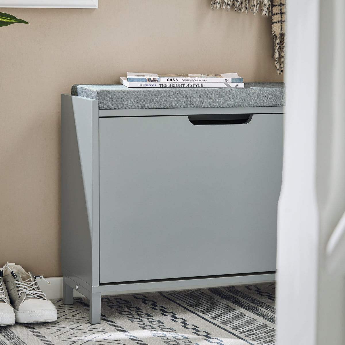 SoBuy FSR151-K-HG Banchetă pentru Pantofi cu Pernă Căptușită și 1 Clapetă, Subțire 24cm pentru Intrare – 60x24x52 cm, Gri