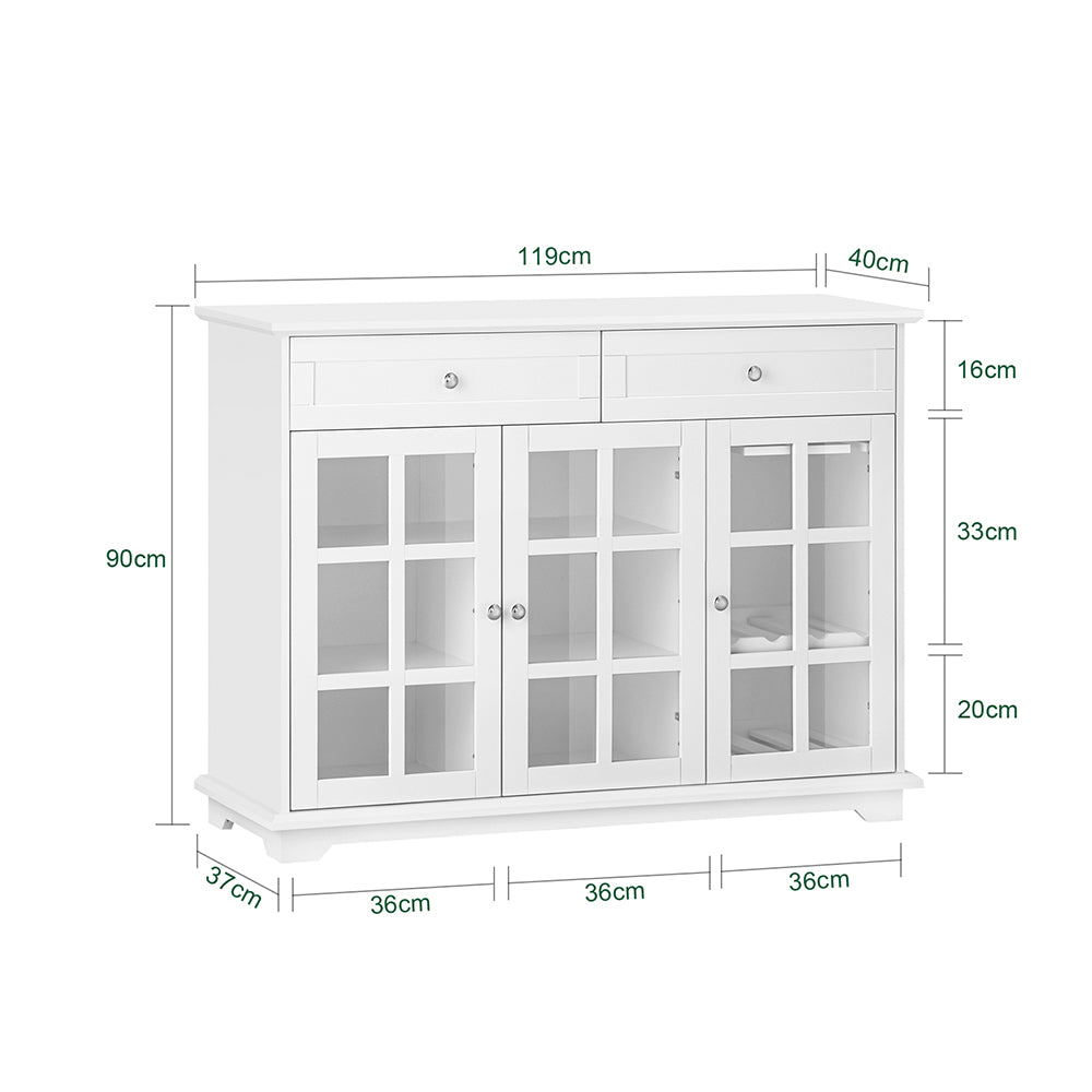 SoBuy FSB77-W Bufet Jos, Comodă Dulap de Depozitare, Dulap de Bucătărie, Mobilier de Depozitare pentru Bucătărie Sufragerie Living Intrare cu 3 Uși din Sticlă, 2 Sertare, 119 x 40 x 90 cm, Alb
