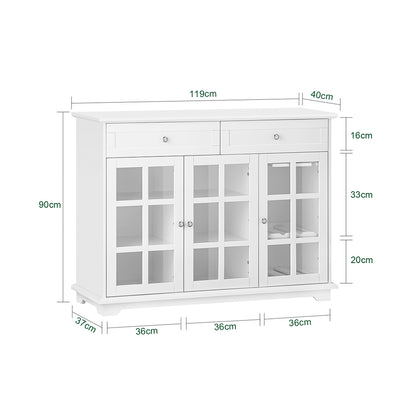 SoBuy FSB77-W Bufet Jos, Comodă Dulap de Depozitare, Dulap de Bucătărie, Mobilier de Depozitare pentru Bucătărie Sufragerie Living Intrare cu 3 Uși din Sticlă, 2 Sertare, 119 x 40 x 90 cm, Alb