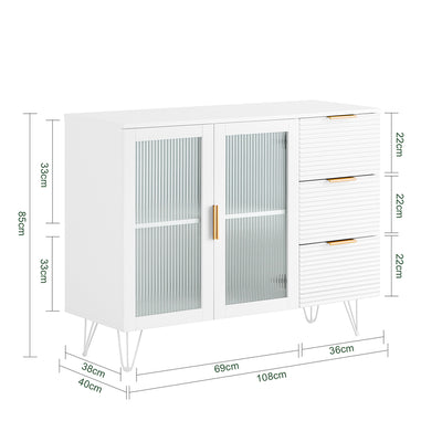 SoBuy FSB86-W Comodă joasă, Dulap de depozitare, Bufet pentru bucătărie, Sufragerie, Living, Hol cu Dulap, 3 Sertare și 2 Uși din Sticlă, 108 x 40 x 85 cm, Alb