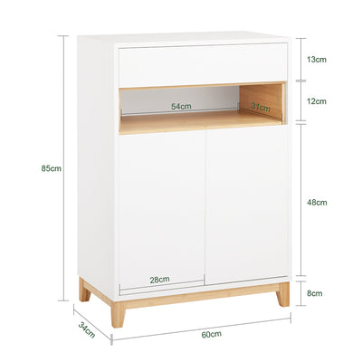 SoBuy FSB97-WN Bufet jos alb și bambus, 1 sertar, 2 uși și rafturi reglabile pentru hol, living sau bucătărie – 60x34x85 cm, sarcină 80kg