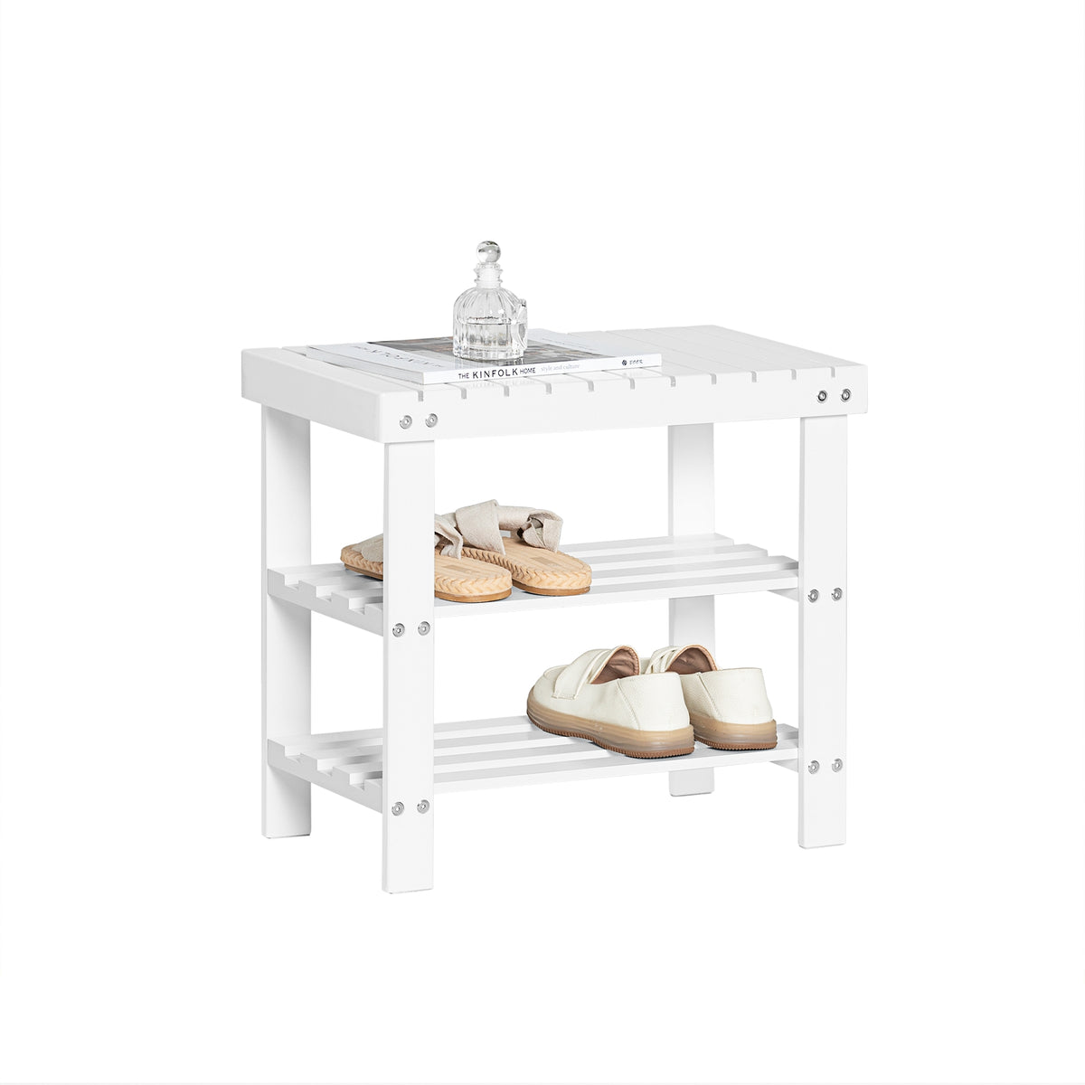 SoBuy FSR02-K-W Banc à Chaussures en Bambou avec Assise et Étagère de Rangement pour Entrée – 50x29x46 cm, Blanc