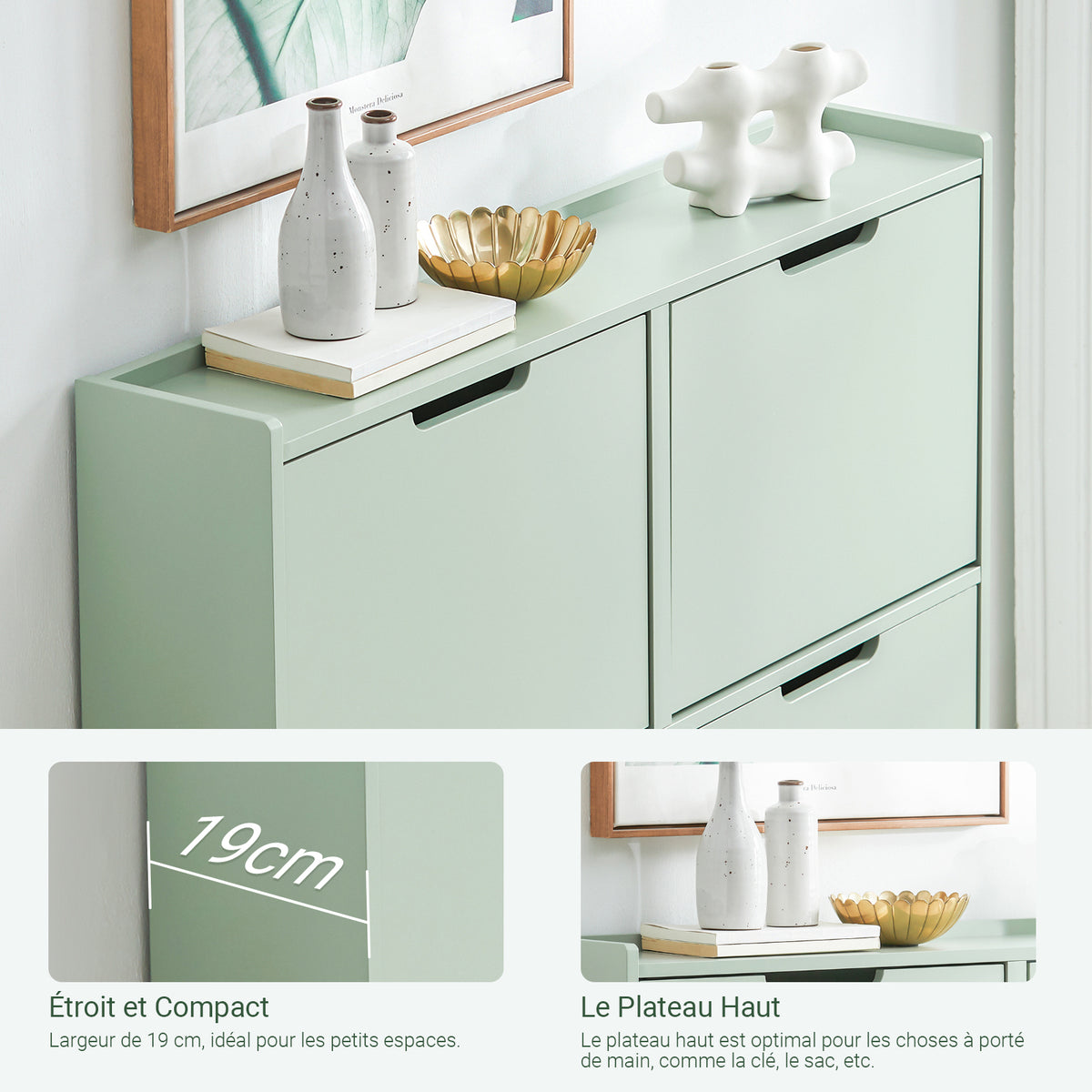 SoBuy FSR100-GR Dulap de pantofi ultra-subțire 19cm – 4 Compartimente rabatabile, 8-12 Perechi, Anti-răsturnare, 60kg – Verde Salvie