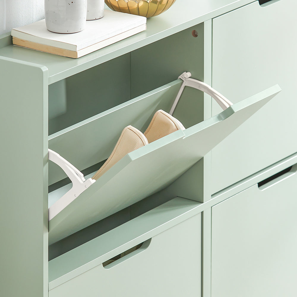 SoBuy FSR100-GR Dulap de pantofi ultra-subțire 19cm – 4 Compartimente rabatabile, 8-12 Perechi, Anti-răsturnare, 60kg – Verde Salvie