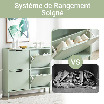 SoBuy FSR100-GR Dulap de pantofi ultra-subțire 19cm – 4 Compartimente rabatabile, 8-12 Perechi, Anti-răsturnare, 60kg – Verde Salvie