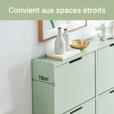 SoBuy FSR100-GR Dulap de pantofi ultra-subțire 19cm – 4 Compartimente rabatabile, 8-12 Perechi, Anti-răsturnare, 60kg – Verde Salvie