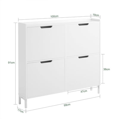SoBuy FSR100-W Dulap de Pantofi Ultra-Subțire 19cm – 4 Uși Rabatabile, 12-20 Perechi, Anti-Răsturnare, 60kg – Alb
