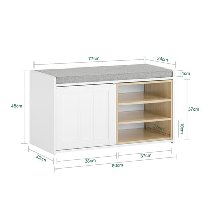 SoBuy FSR109-WN Banc pentru Pantofi cu Pernă Căptușită și Raft Detașabil pentru Hol Intrare – 80x35x45 cm, Alb și Natur