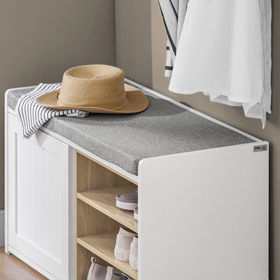 SoBuy FSR109-WN Banc pentru Pantofi cu Pernă Căptușită și Raft Detașabil pentru Hol Intrare – 80x35x45 cm, Alb și Natur