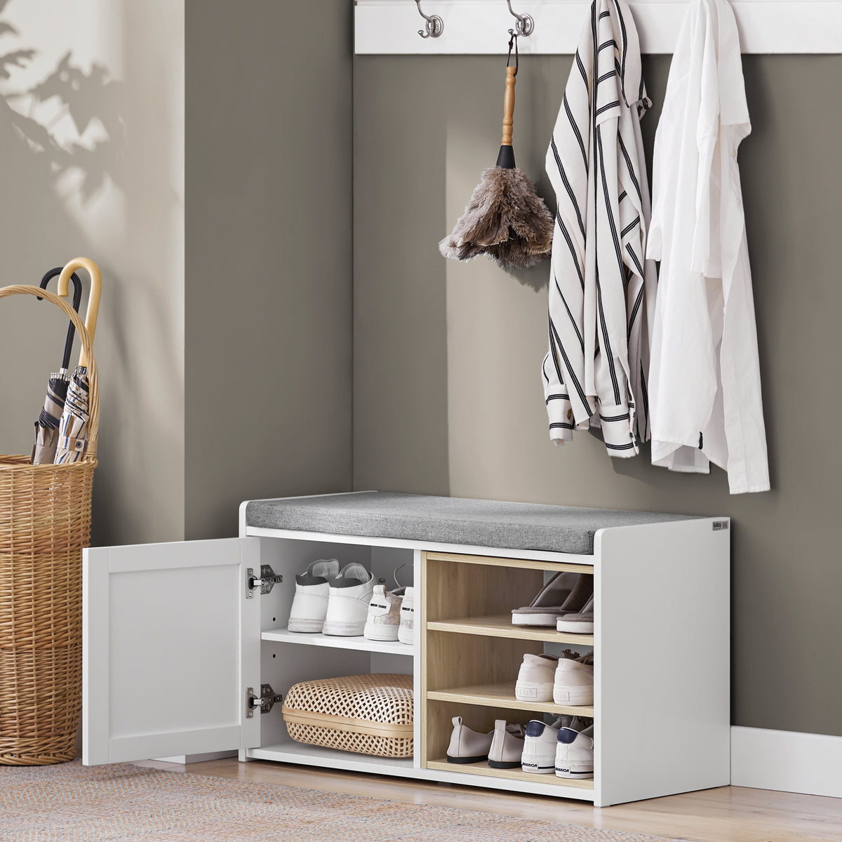SoBuy FSR109-WN Banc pentru Pantofi cu Pernă Căptușită și Raft Detașabil pentru Hol Intrare – 80x35x45 cm, Alb și Natur