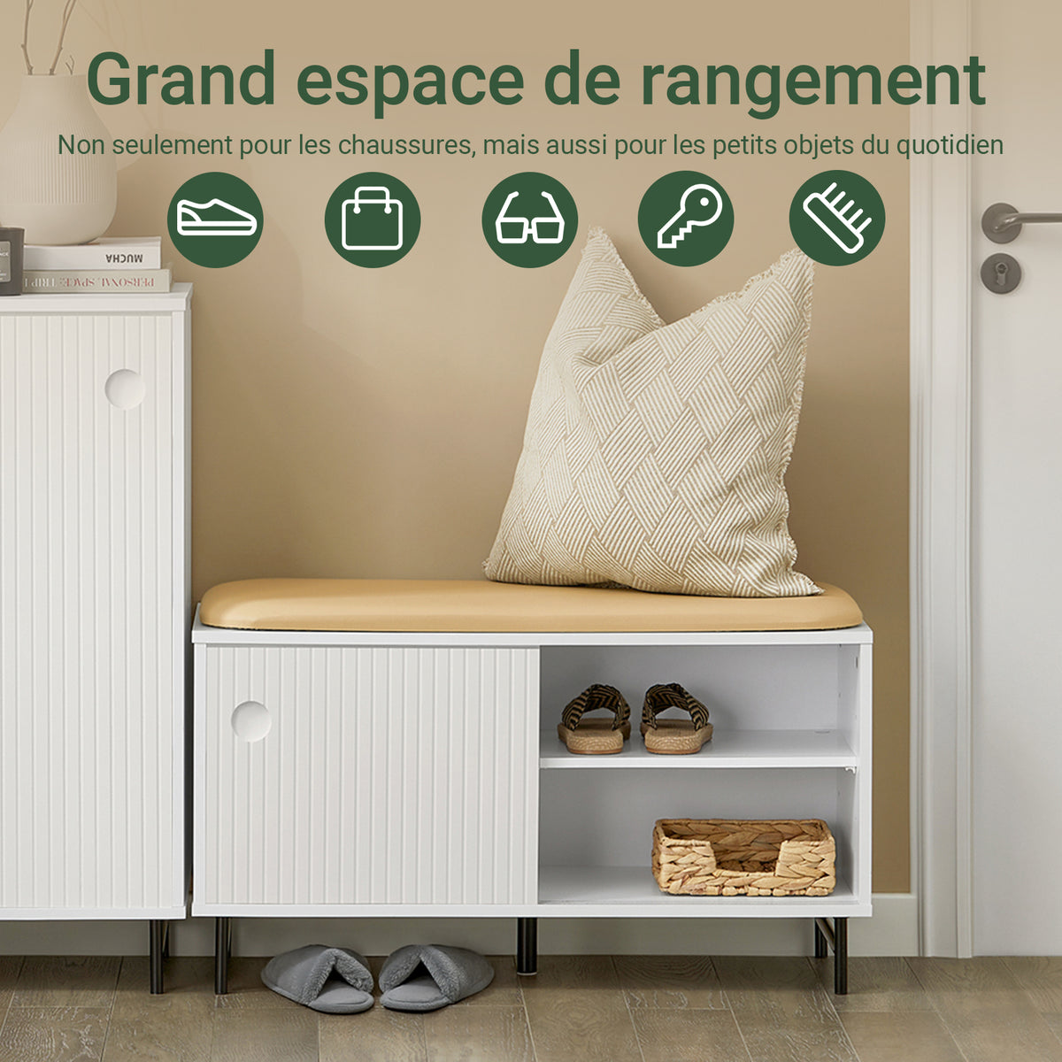 SoBuy FSR116-W Banc pentru Pantofi cu Pernă Căptușită, 2 Uși Glisante și 4 Rafturi pentru Hol – 85x37x49 cm, Alb