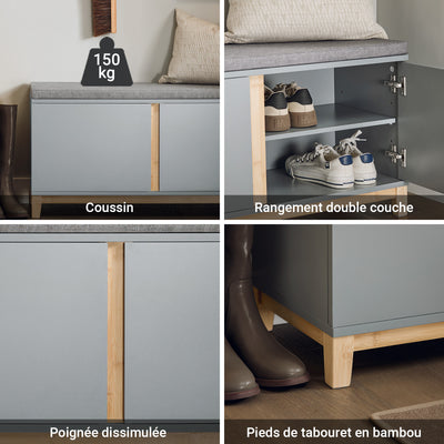 SoBuy FSR117-HG Banc pentru încălțăminte Bancă de depozitare Mobilier de pantofi pentru hol cu scaun tapițat și 2 uși