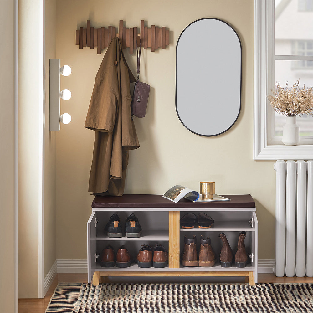 SoBuy FSR188-N Banchetă pentru Pantofi cu Pernă Căptușită, 2 Uși și 4 Compartimente Deschise pentru Intrare – 104x35x47 cm, Natural