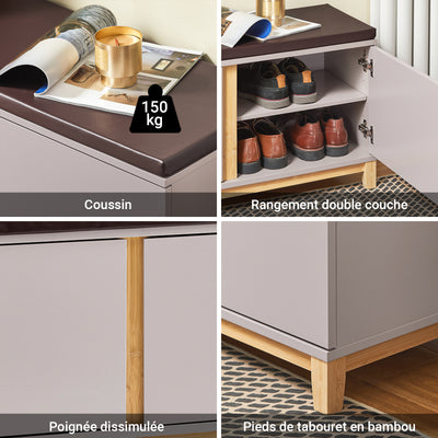 SoBuy FSR188-N Banchetă pentru Pantofi cu Pernă Căptușită, 2 Uși și 4 Compartimente Deschise pentru Intrare – 104x35x47 cm, Natural