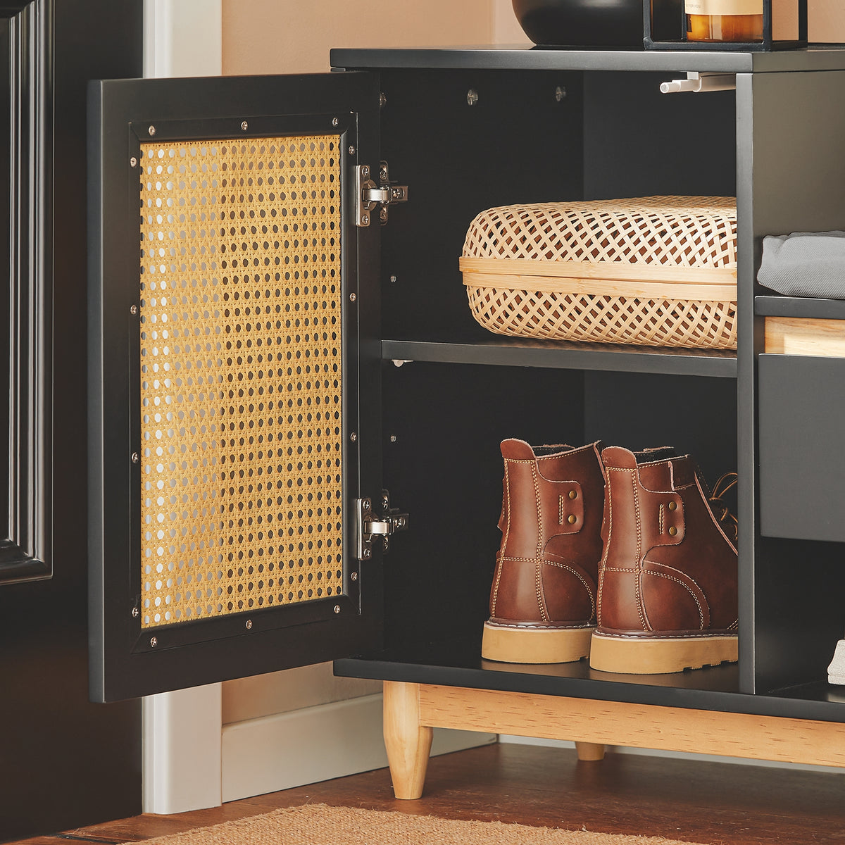 SoBuy FSR128-SCH Dulap Pantofi Banc Pantofi Intrare cu Sertar, Ușă Grilată, Pernă Confortabilă pentru Mobilier de Intrare sau Bancă de Intrare, Depozitare Pantofi Negru 100x35x60cm