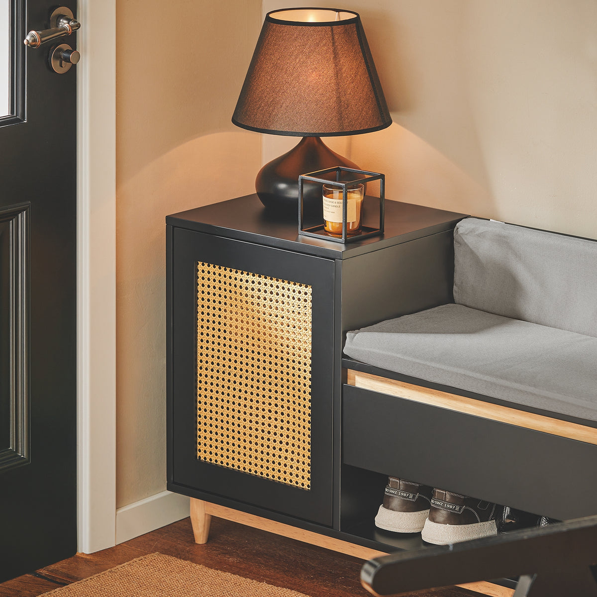 SoBuy FSR128-SCH Dulap Pantofi Banc Pantofi Intrare cu Sertar, Ușă Grilată, Pernă Confortabilă pentru Mobilier de Intrare sau Bancă de Intrare, Depozitare Pantofi Negru 100x35x60cm