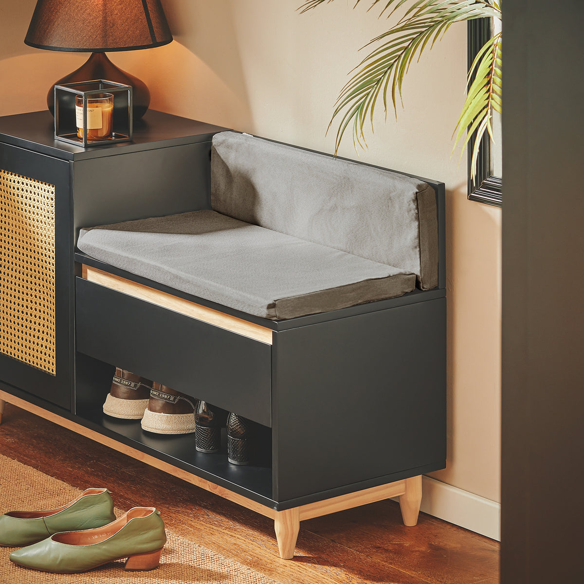 SoBuy FSR128-SCH Dulap Pantofi Banc Pantofi Intrare cu Sertar, Ușă Grilată, Pernă Confortabilă pentru Mobilier de Intrare sau Bancă de Intrare, Depozitare Pantofi Negru 100x35x60cm